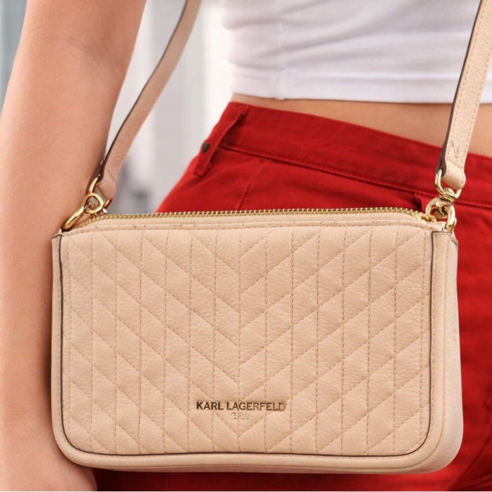 Karl Lagerfeld Beige Quilted Crossbody with Gold Accents